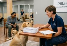Service Dog Disability Evaluation: Pillar One – Needs and Selection A professional service dog trainer sitting at a table with a client and a Labrador retriever, reviewing a Pillar One A service dog owner sitting at a table with their Labrador retriever, reviewing a Pillar One needs and selection assessment plan.