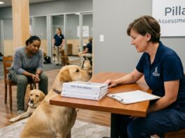 A professional service dog trainer sitting at a table with a client and a Labrador retriever, reviewing a Pillar One A service dog owner sitting at a table with their Labrador retriever, reviewing a Pillar One needs and selection assessment plan.