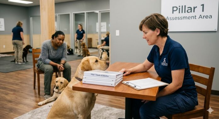 A professional service dog trainer sitting at a table with a client and a Labrador retriever, reviewing a Pillar One A service dog owner sitting at a table with their Labrador retriever, reviewing a Pillar One needs and selection assessment plan.