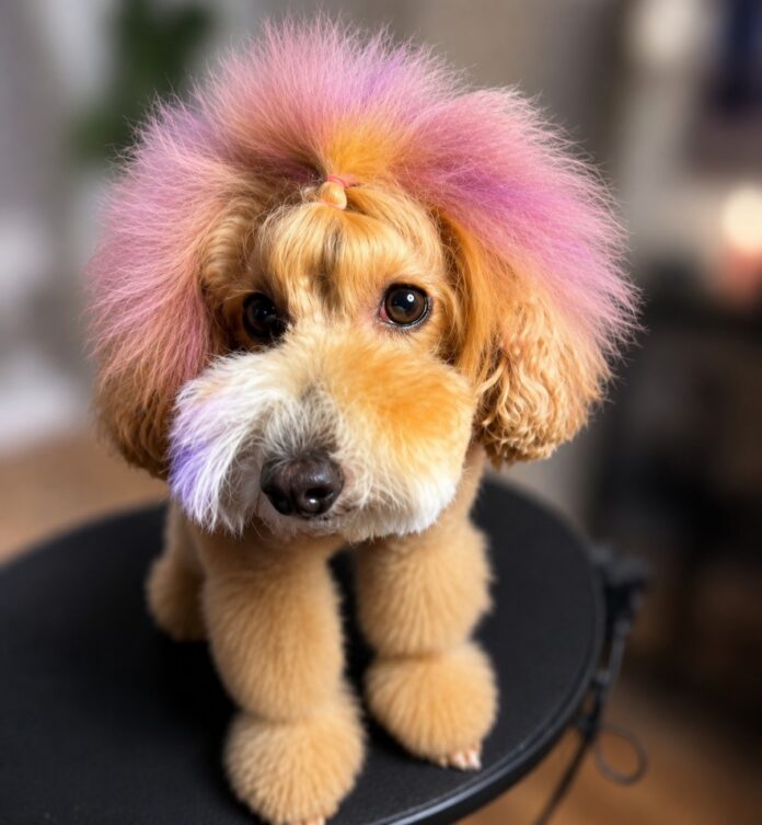 Sunday has Purple Hair Sunday the orange toy poodle with purple hair looking directly at the camera